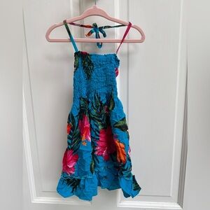 Aloha Fashion 12M Girls Vibrant Blue Pink Floral Tropical Spaghetti Strap Dress